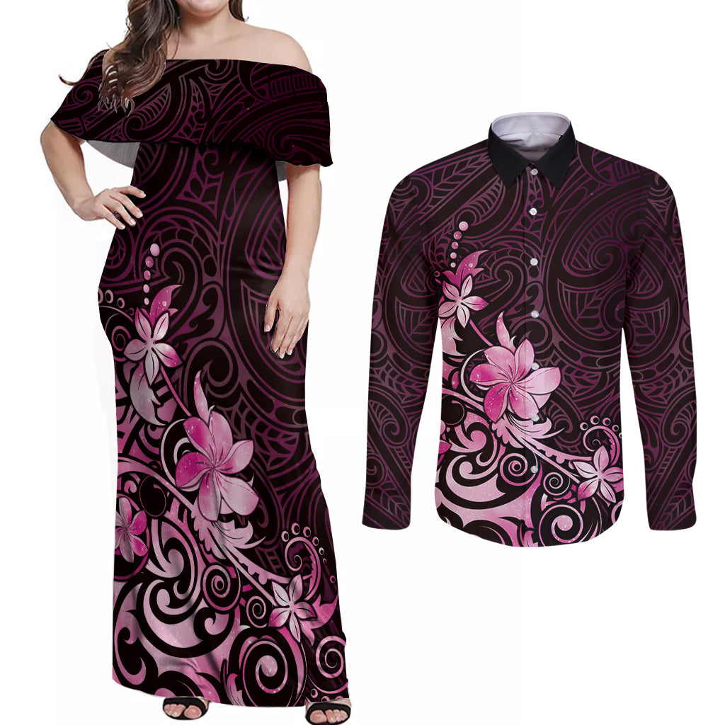 Matariki New Zealand Couples Matching Off Shoulder Maxi Dress and Long Sleeve Button Shirt Maori Pattern Pink Galaxy