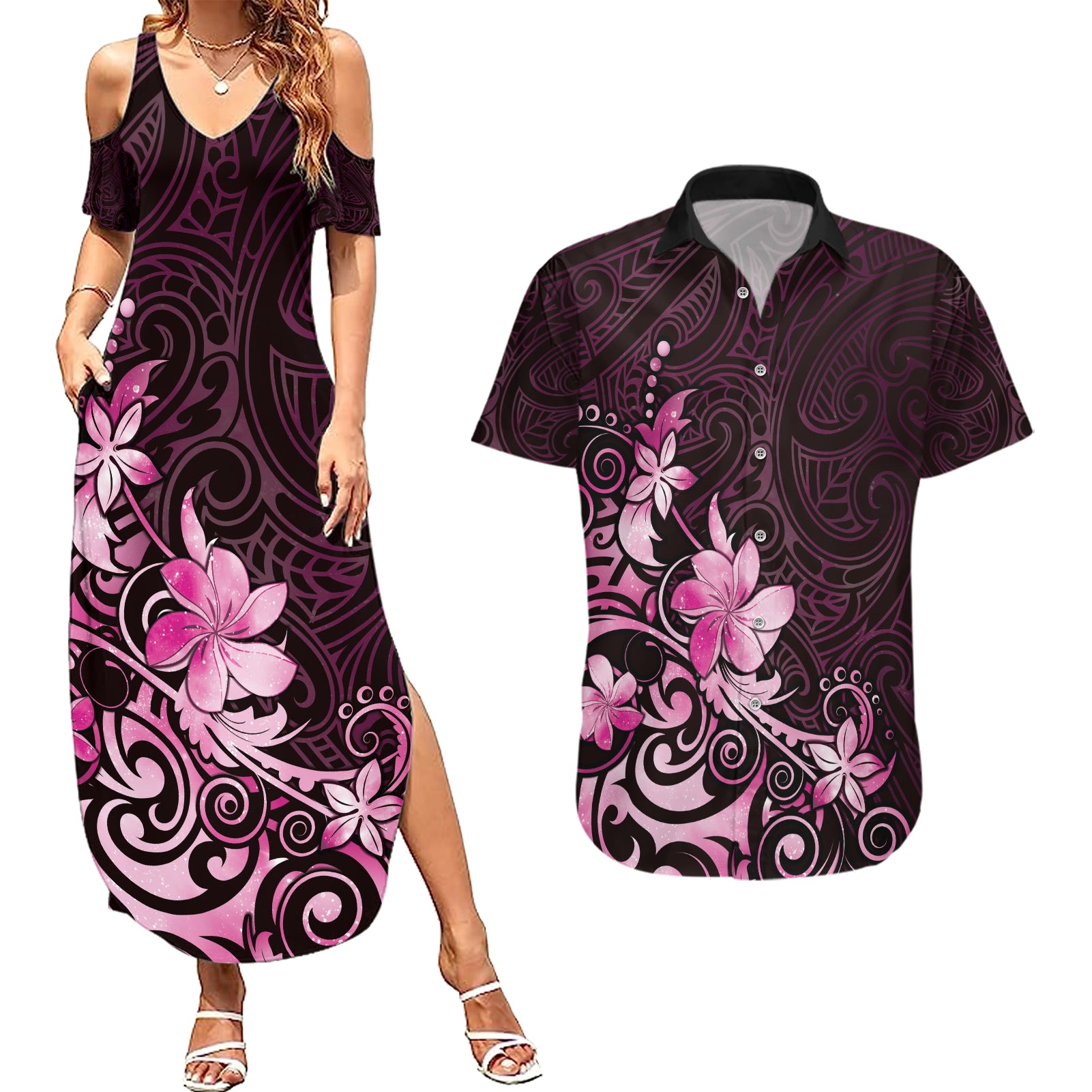 Matariki New Zealand Couples Matching Summer Maxi Dress and Hawaiian Shirt Maori Pattern Pink Galaxy