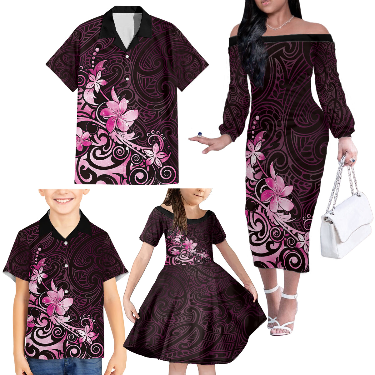 Matariki New Zealand Family Matching Off The Shoulder Long Sleeve Dress and Hawaiian Shirt Maori Pattern Pink Galaxy