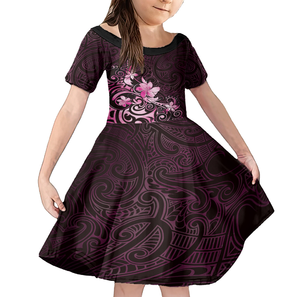 Matariki New Zealand Kid Short Sleeve Dress Maori Pattern Pink Galaxy