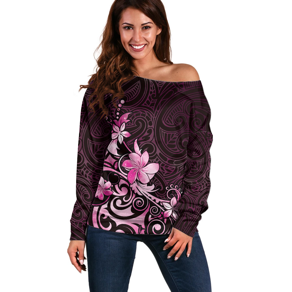 Matariki New Zealand Off Shoulder Sweater Maori Pattern Pink Galaxy