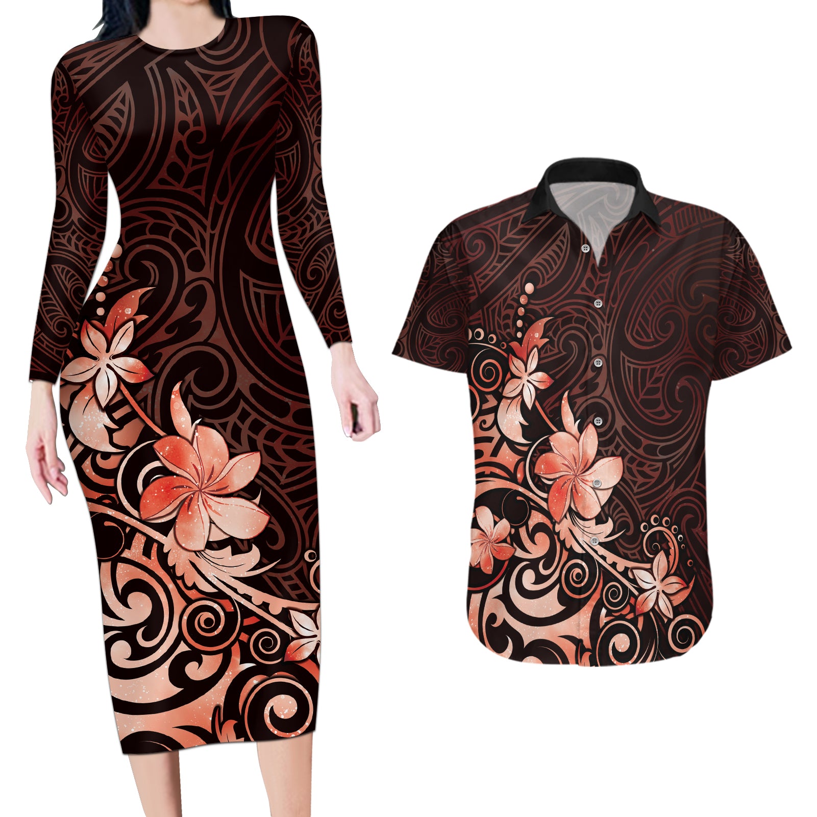 Matariki New Zealand Couples Matching Long Sleeve Bodycon Dress and Hawaiian Shirt Maori Pattern Red Galaxy