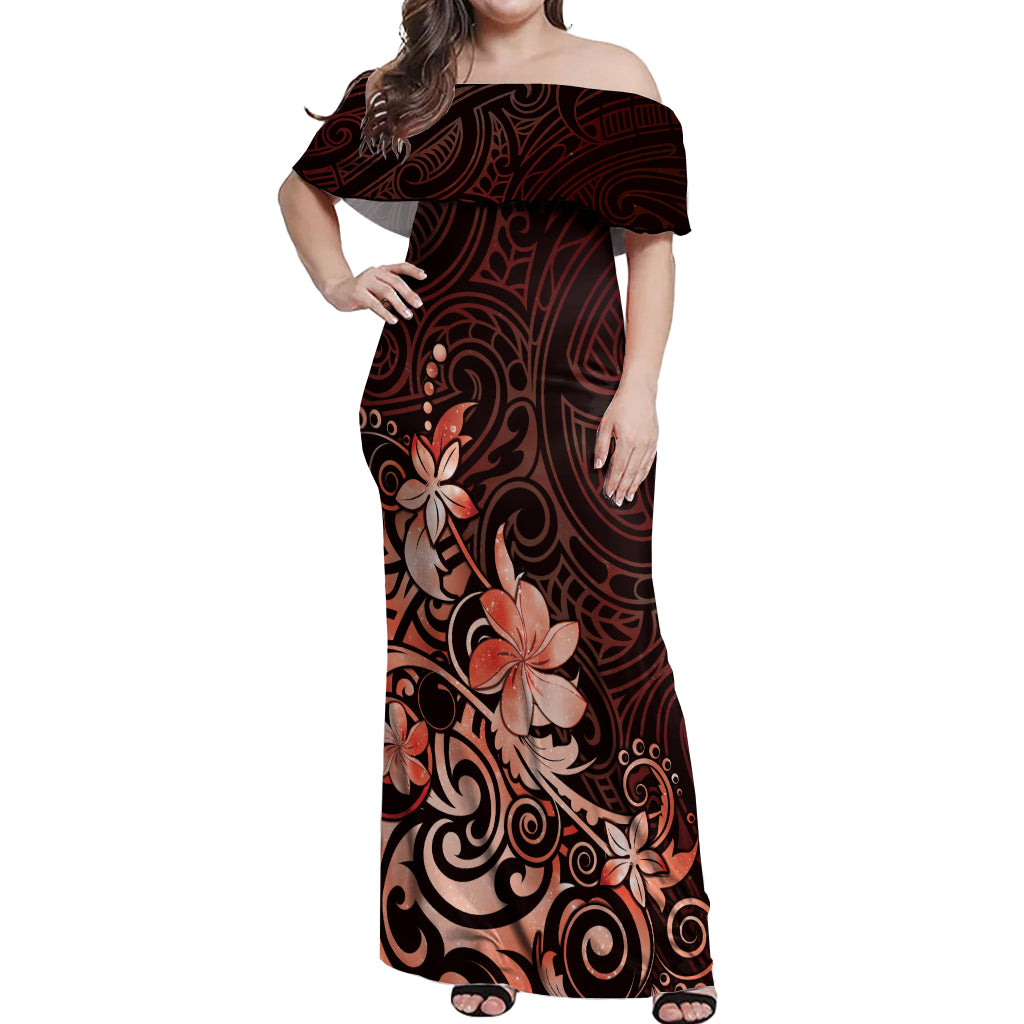 Matariki New Zealand Off Shoulder Maxi Dress Maori Pattern Red Galaxy