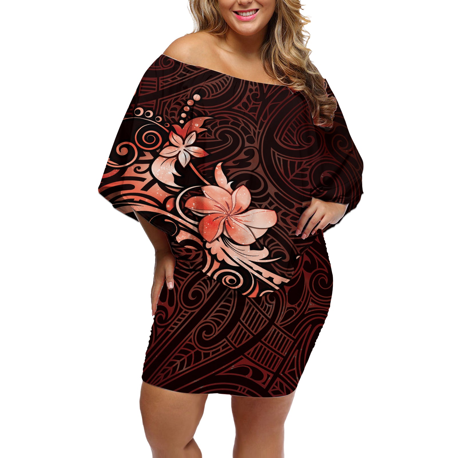 Matariki New Zealand Off Shoulder Short Dress Maori Pattern Red Galaxy