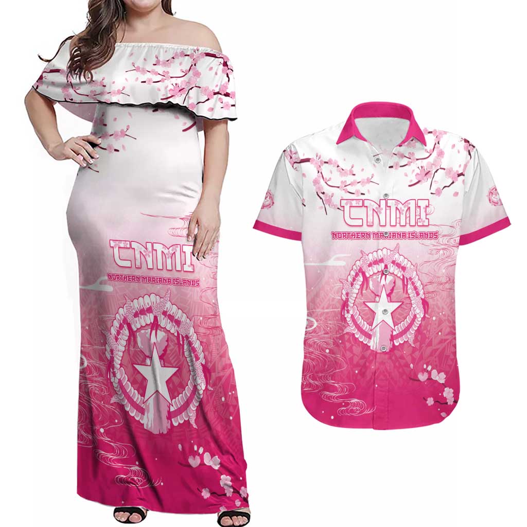 Personalized Sakura Marianas Couples Matching Off Shoulder Maxi Dress and Hawaiian Shirt CNMI Seal