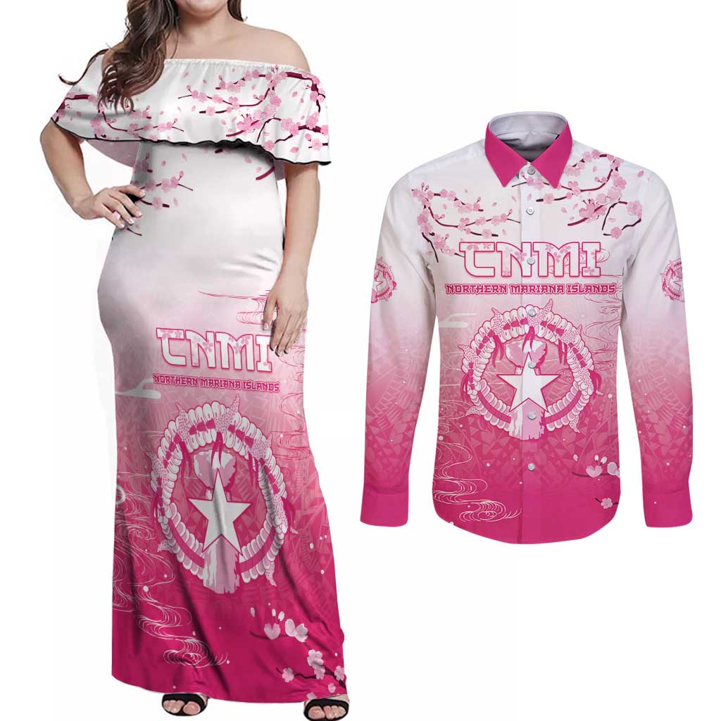 Personalized Sakura Marianas Couples Matching Off Shoulder Maxi Dress and Long Sleeve Button Shirt CNMI Seal