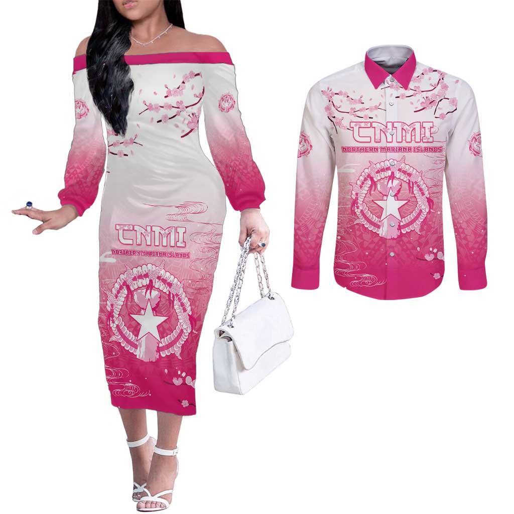 Personalized Sakura Marianas Couples Matching Off The Shoulder Long Sleeve Dress and Long Sleeve Button Shirt CNMI Seal