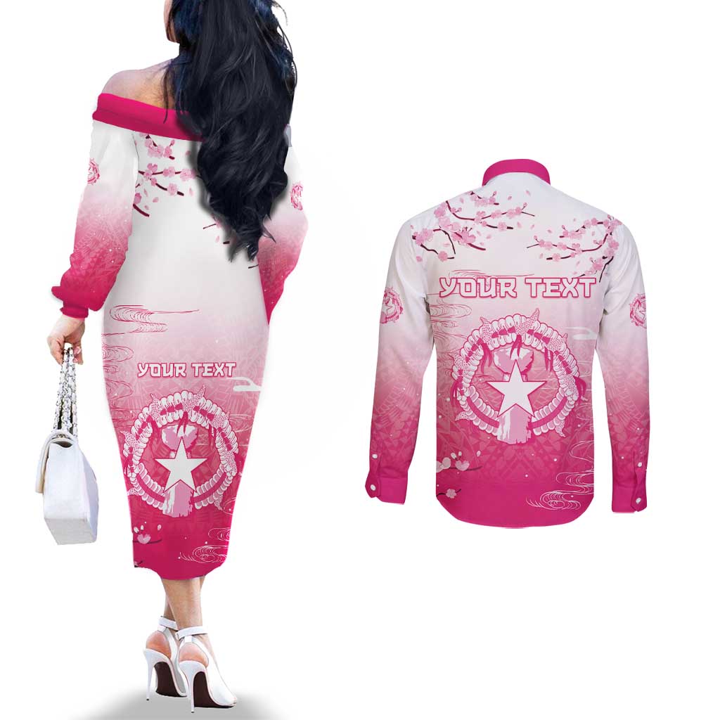 Personalized Sakura Marianas Couples Matching Off The Shoulder Long Sleeve Dress and Long Sleeve Button Shirt CNMI Seal