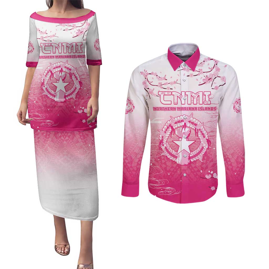 Personalized Sakura Marianas Couples Matching Puletasi and Long Sleeve Button Shirt CNMI Seal