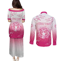 Personalized Sakura Marianas Couples Matching Puletasi and Long Sleeve Button Shirt CNMI Seal
