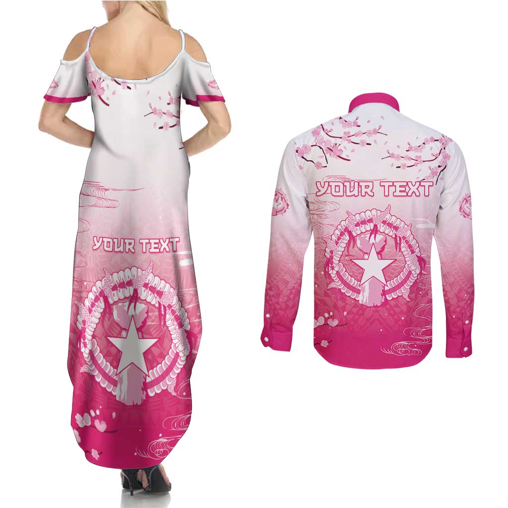 Personalized Sakura Marianas Couples Matching Summer Maxi Dress and Long Sleeve Button Shirt CNMI Seal