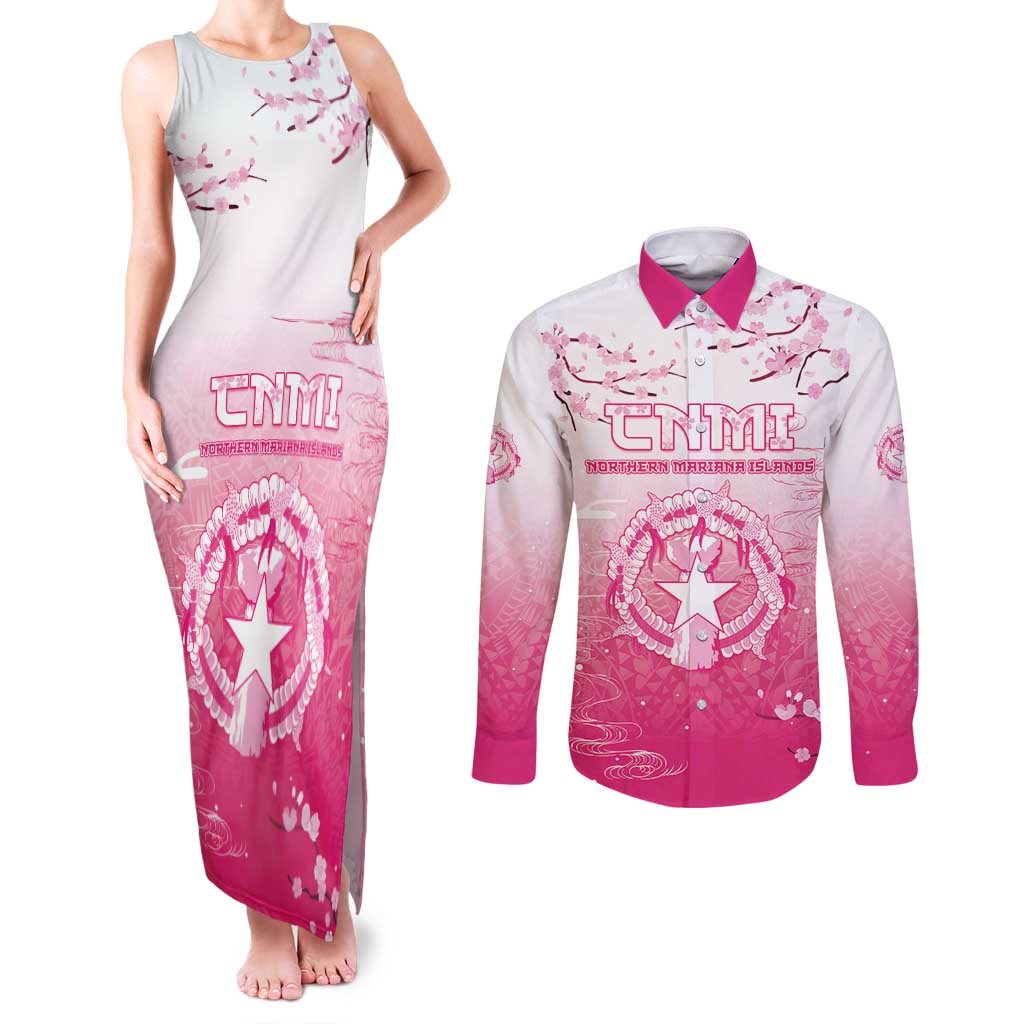 Personalized Sakura Marianas Couples Matching Tank Maxi Dress and Long Sleeve Button Shirt CNMI Seal