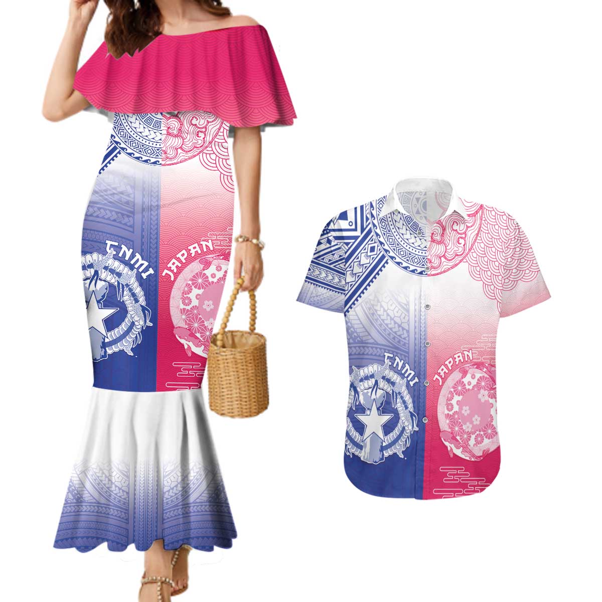 Custom Northern Mariana Islands And Japan Together Couples Matching Mermaid Dress and Hawaiian Shirt