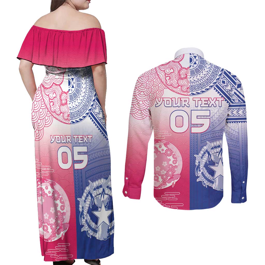 Custom Northern Mariana Islands And Japan Together Couples Matching Off Shoulder Maxi Dress and Long Sleeve Button Shirt