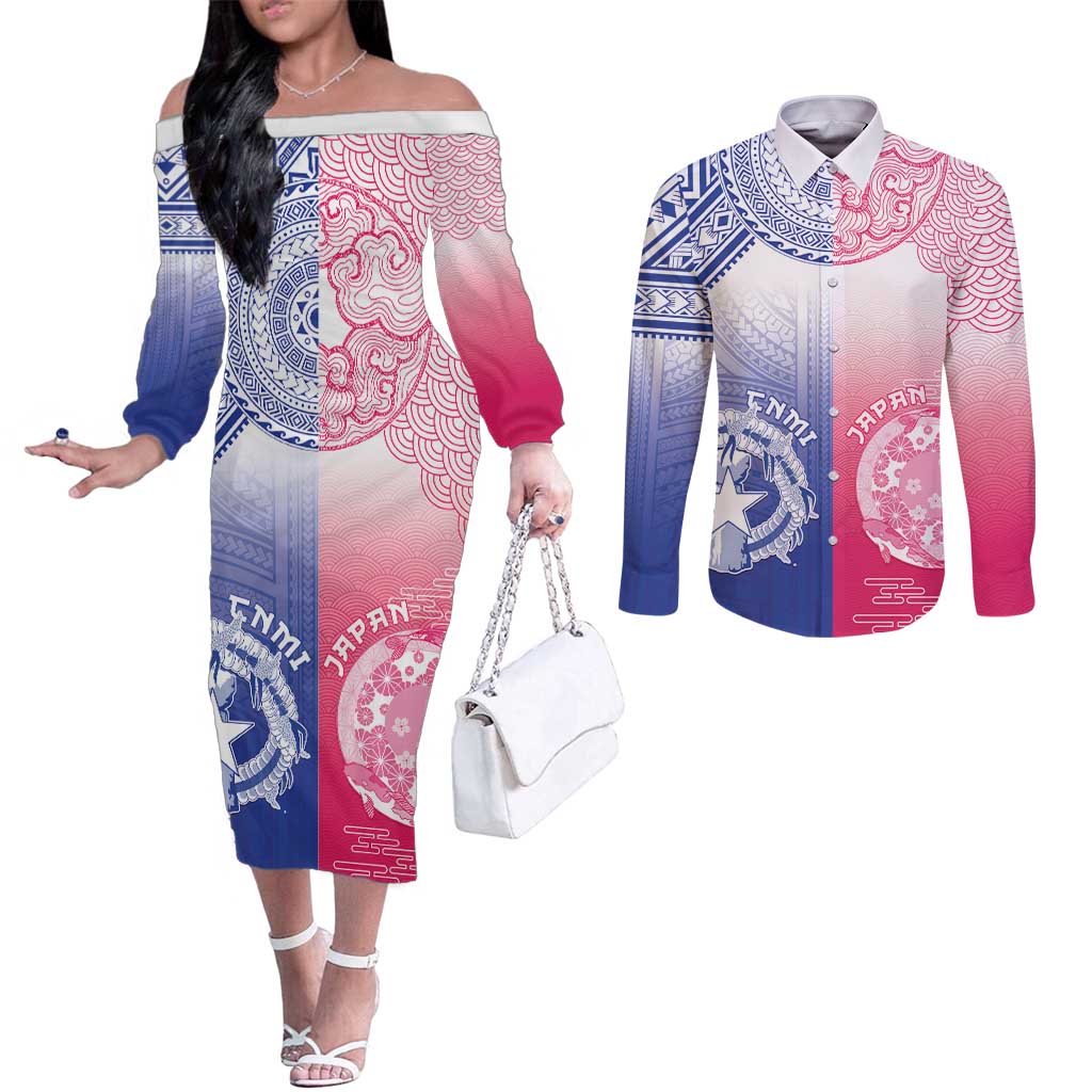 Custom Northern Mariana Islands And Japan Together Couples Matching Off The Shoulder Long Sleeve Dress and Long Sleeve Button Shirt