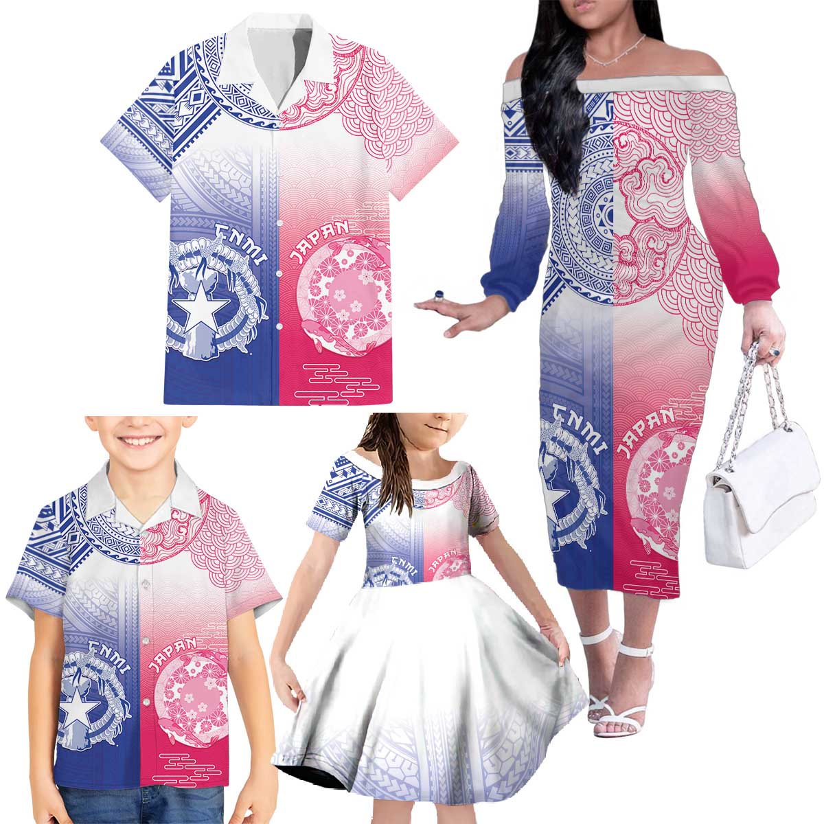 Custom Northern Mariana Islands And Japan Together Family Matching Off The Shoulder Long Sleeve Dress and Hawaiian Shirt
