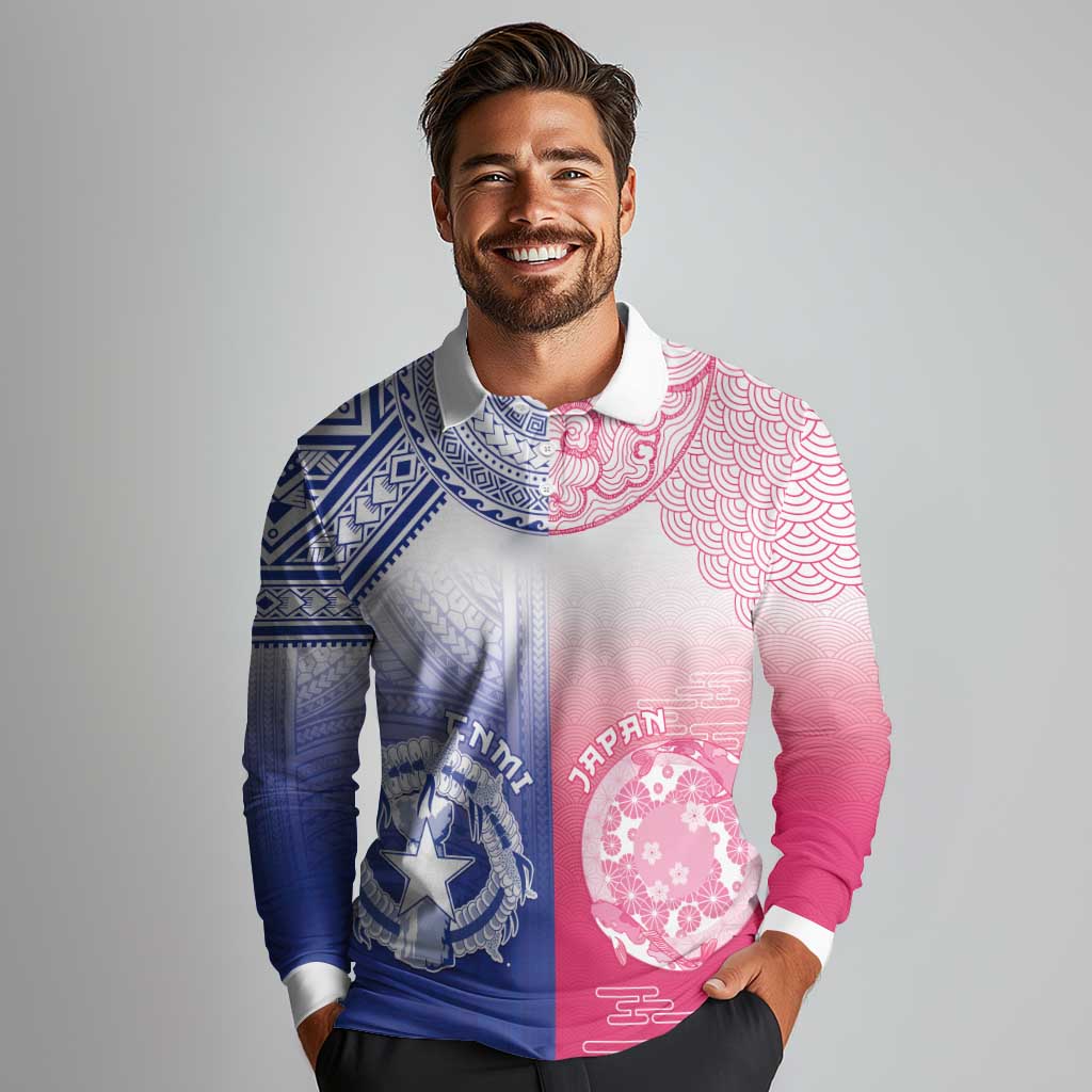 Custom Northern Mariana Islands And Japan Together Long Sleeve Polo Shirt
