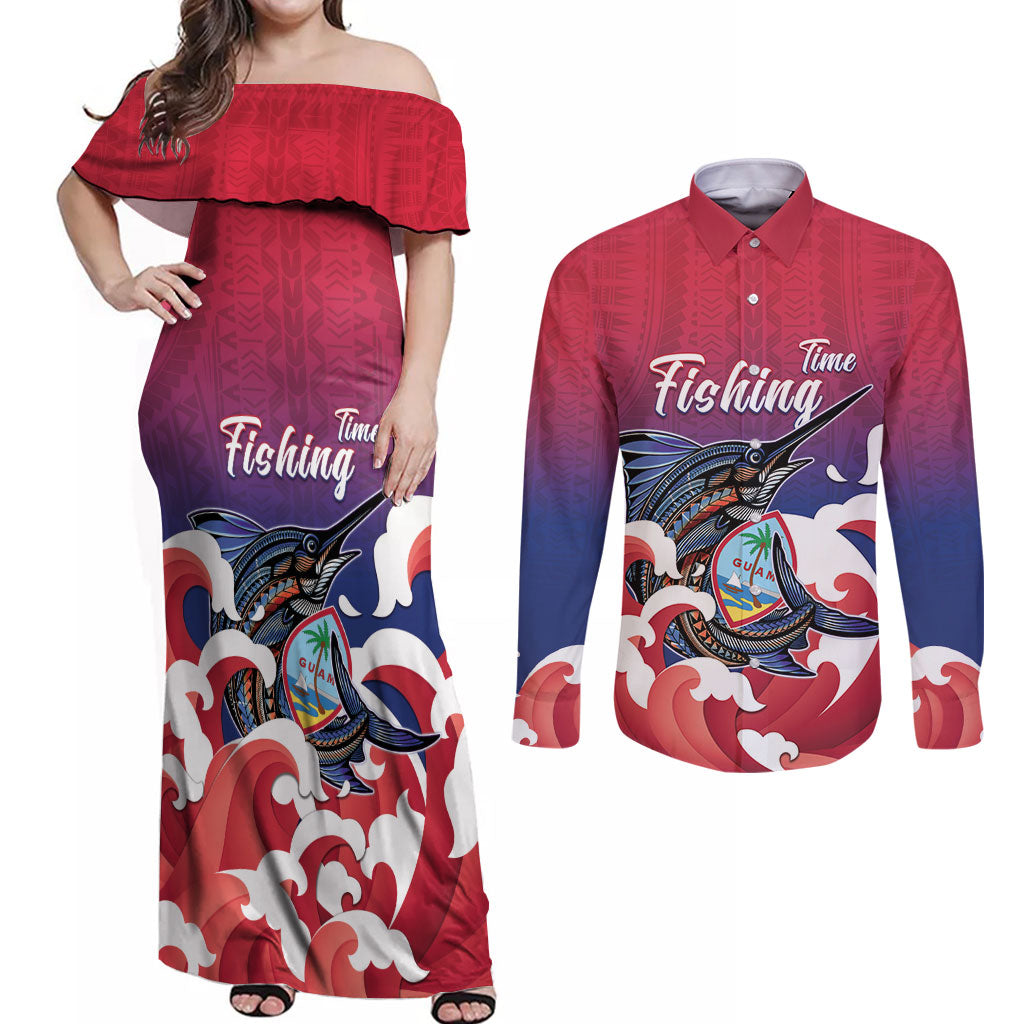 Guam Blue Marlin Fishing Couples Matching Off Shoulder Maxi Dress and Long Sleeve Button Shirt Polynesian Style LT05 Red - Polynesian Pride