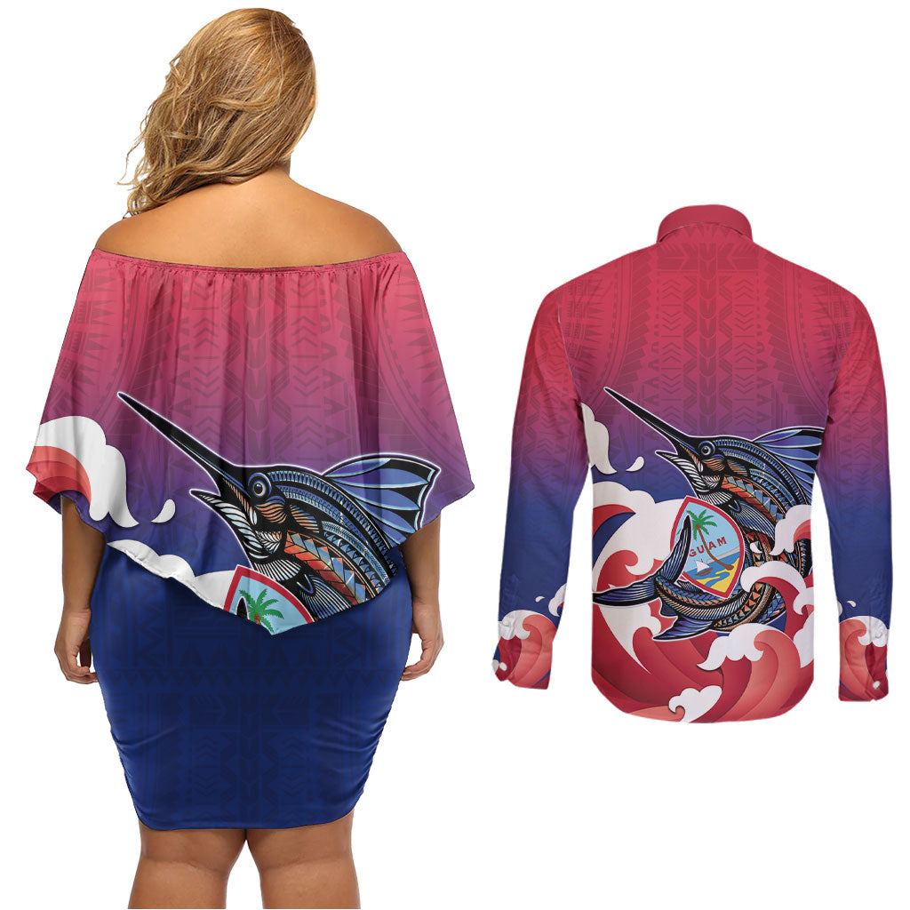 Guam Blue Marlin Fishing Couples Matching Off Shoulder Short Dress and Long Sleeve Button Shirt Polynesian Style LT05 - Polynesian Pride