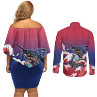 Guam Blue Marlin Fishing Couples Matching Off Shoulder Short Dress and Long Sleeve Button Shirt Polynesian Style LT05 - Polynesian Pride