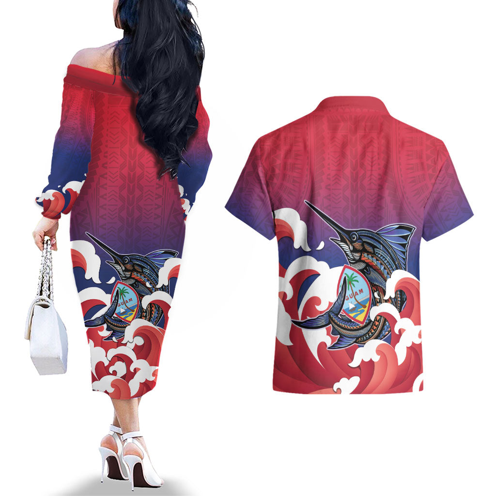 Guam Blue Marlin Fishing Couples Matching Off The Shoulder Long Sleeve Dress and Hawaiian Shirt Polynesian Style