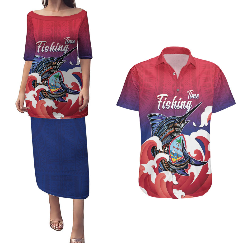 Guam Blue Marlin Fishing Couples Matching Puletasi and Hawaiian Shirt Polynesian Style LT05 Red - Polynesian Pride