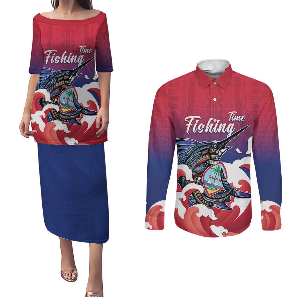 Guam Blue Marlin Fishing Couples Matching Puletasi and Long Sleeve Button Shirt Polynesian Style LT05 Red - Polynesian Pride