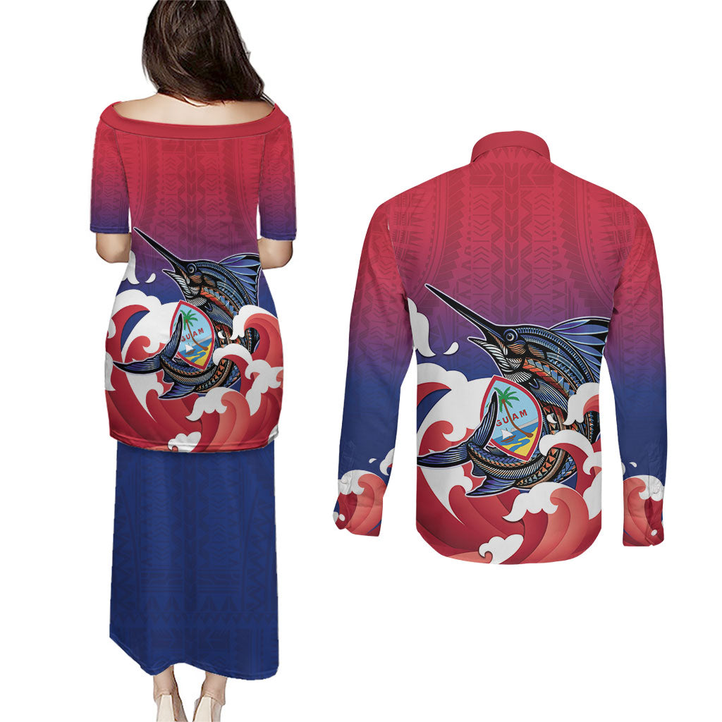 Guam Blue Marlin Fishing Couples Matching Puletasi and Long Sleeve Button Shirt Polynesian Style LT05 - Polynesian Pride