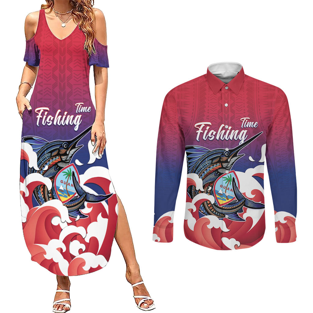 Guam Blue Marlin Fishing Couples Matching Summer Maxi Dress and Long Sleeve Button Shirt Polynesian Style LT05 Red - Polynesian Pride
