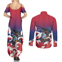 Guam Blue Marlin Fishing Couples Matching Summer Maxi Dress and Long Sleeve Button Shirt Polynesian Style LT05 - Polynesian Pride