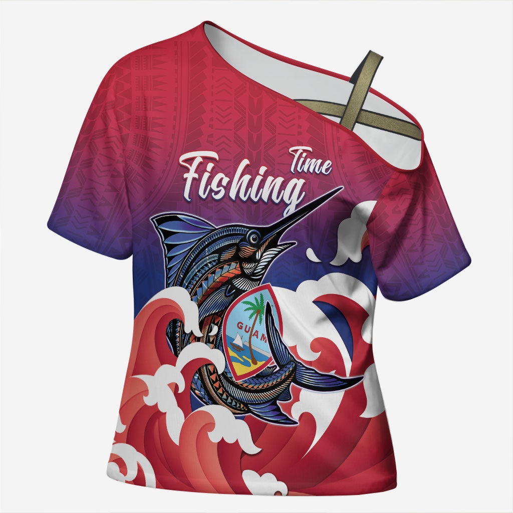 Guam Blue Marlin Fishing Cross Shoulder Shirt Polynesian Style LT05 Female Red - Polynesian Pride
