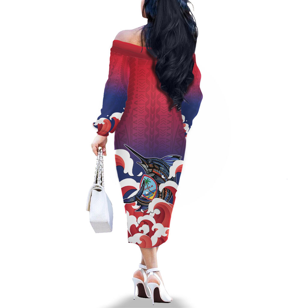 Guam Blue Marlin Fishing Family Matching Off The Shoulder Long Sleeve Dress and Hawaiian Shirt Polynesian Style