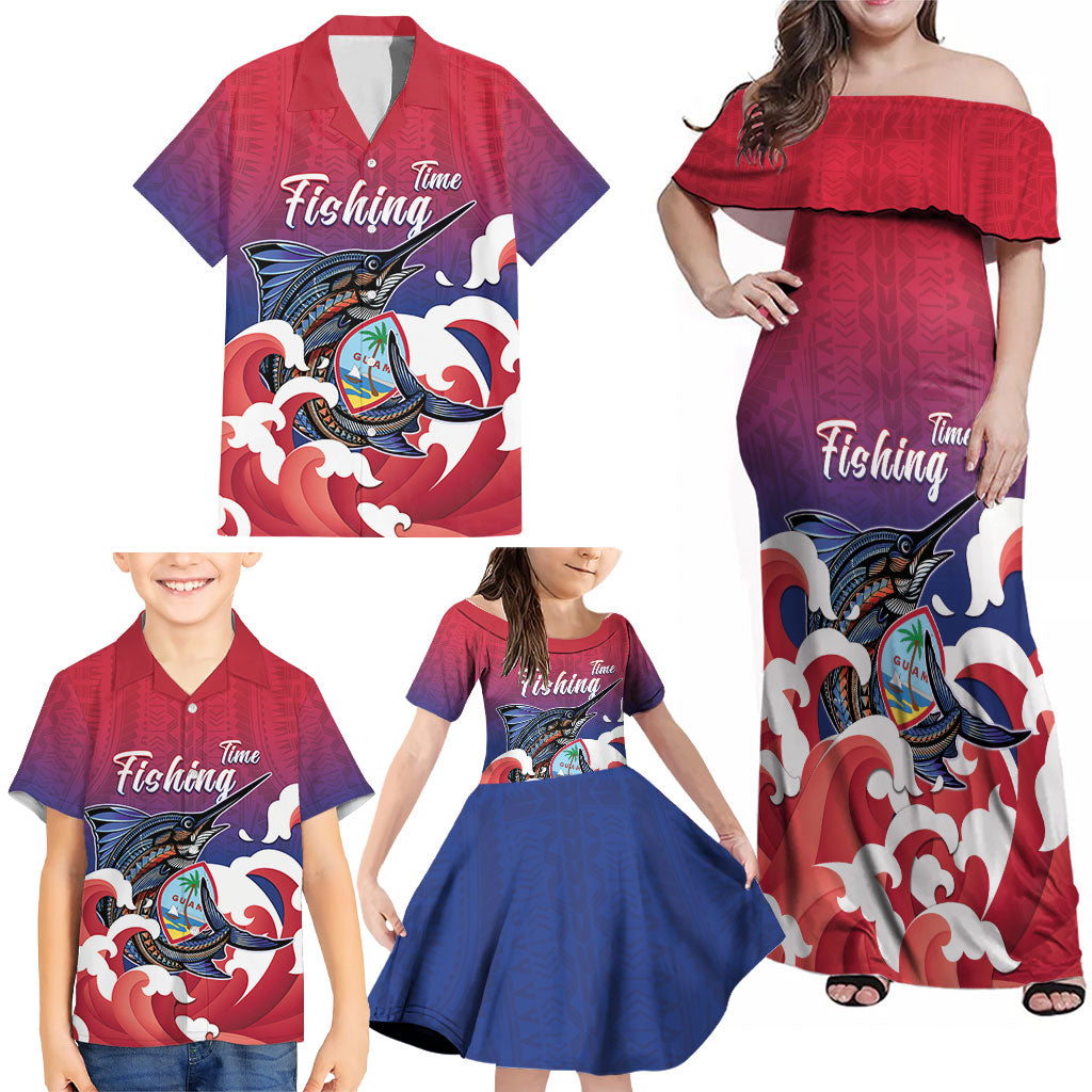 Guam Blue Marlin Fishing Family Matching Off Shoulder Maxi Dress and Hawaiian Shirt Polynesian Style LT05 - Polynesian Pride