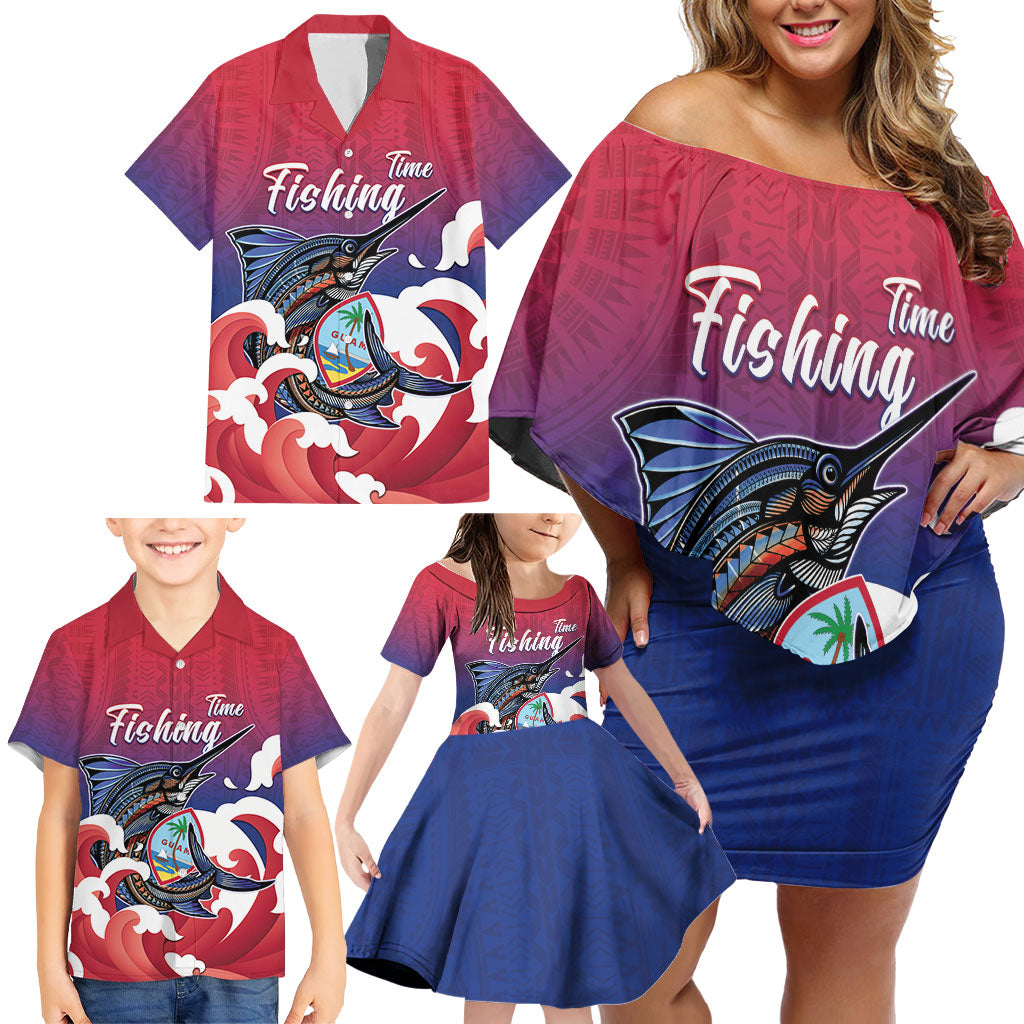 Guam Blue Marlin Fishing Family Matching Off Shoulder Short Dress and Hawaiian Shirt Polynesian Style