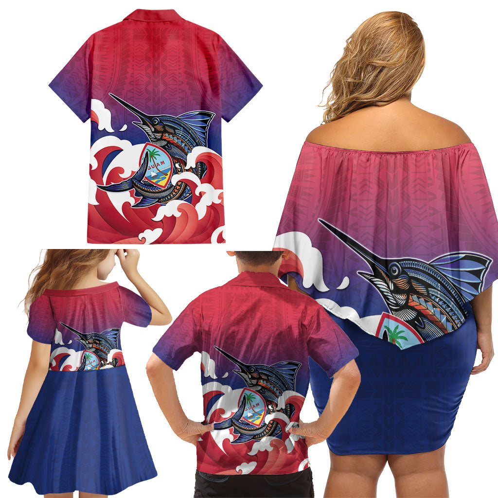 Guam Blue Marlin Fishing Family Matching Off Shoulder Short Dress and Hawaiian Shirt Polynesian Style
