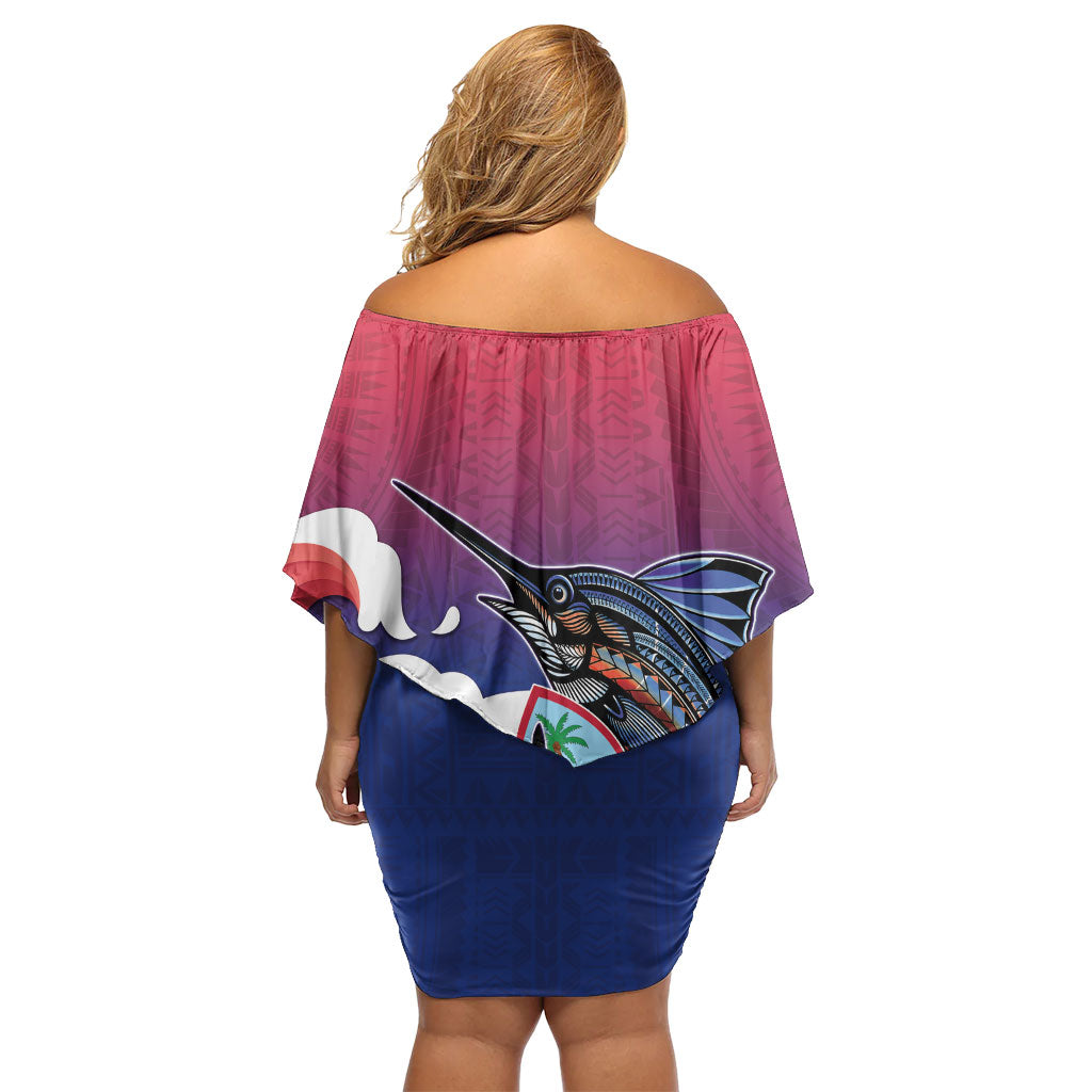 Guam Blue Marlin Fishing Family Matching Off Shoulder Short Dress and Hawaiian Shirt Polynesian Style