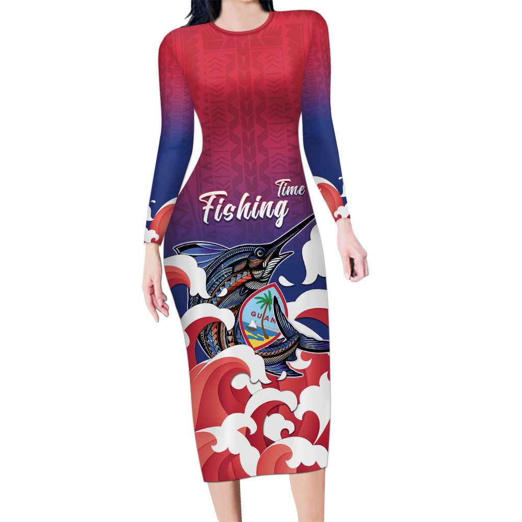 Guam Blue Marlin Fishing Long Sleeve Bodycon Dress Polynesian Style LT05 Long Dress Red - Polynesian Pride