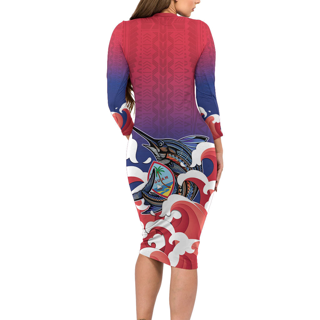 Guam Blue Marlin Fishing Long Sleeve Bodycon Dress Polynesian Style LT05 - Polynesian Pride