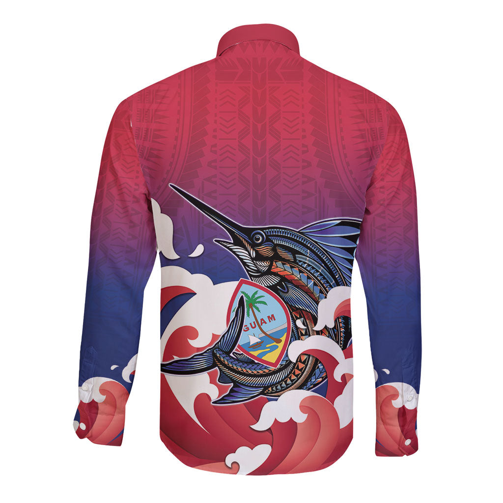 Guam Blue Marlin Fishing Long Sleeve Button Shirt Polynesian Style LT05 - Polynesian Pride