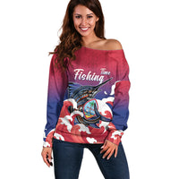 Guam Blue Marlin Fishing Off Shoulder Sweater Polynesian Style LT05 Women Red - Polynesian Pride