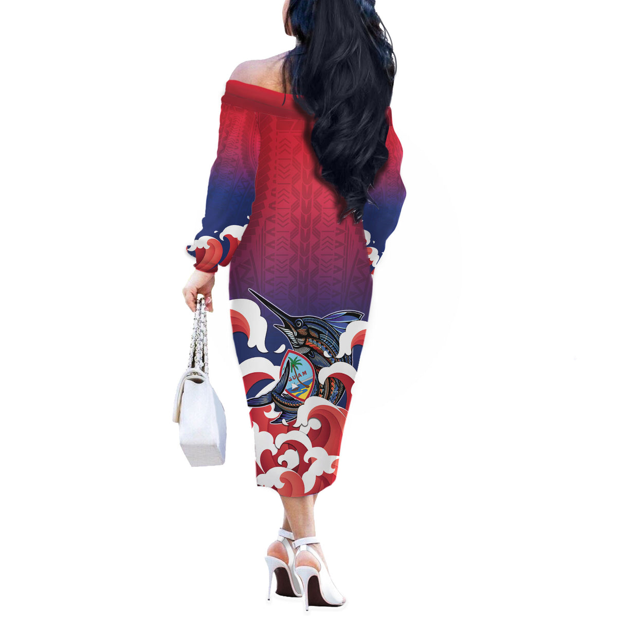 Guam Blue Marlin Fishing Off The Shoulder Long Sleeve Dress Polynesian Style