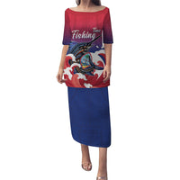 Guam Blue Marlin Fishing Puletasi Polynesian Style LT05 Long Dress Red - Polynesian Pride