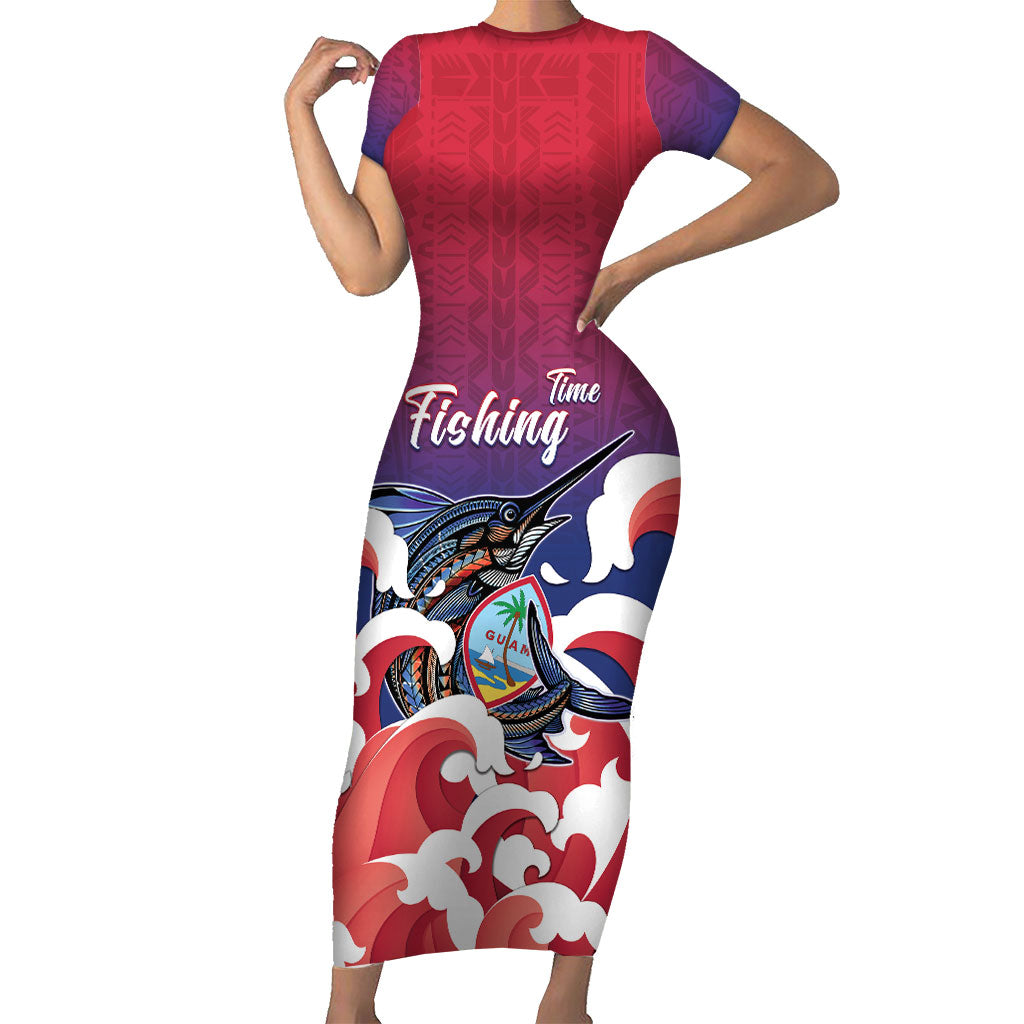 Guam Blue Marlin Fishing Short Sleeve Bodycon Dress Polynesian Style LT05 Long Dress Red - Polynesian Pride
