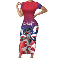 Guam Blue Marlin Fishing Short Sleeve Bodycon Dress Polynesian Style LT05 Long Dress Red - Polynesian Pride