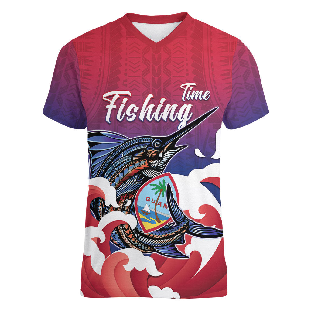 Guam Blue Marlin Fishing Women V-Neck T-Shirt Polynesian Style LT05 Female Red - Polynesian Pride