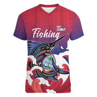 Guam Blue Marlin Fishing Women V-Neck T-Shirt Polynesian Style LT05 Female Red - Polynesian Pride
