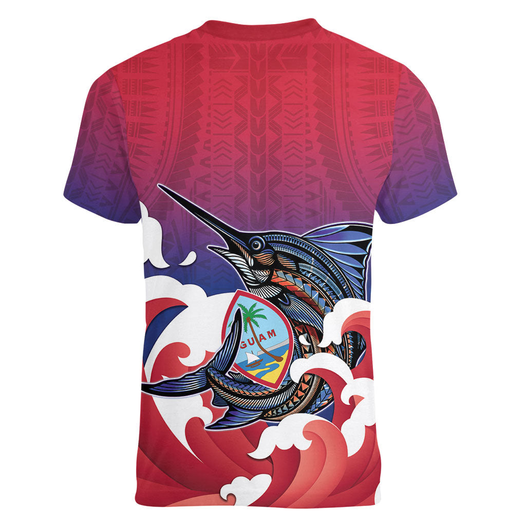 Guam Blue Marlin Fishing Women V-Neck T-Shirt Polynesian Style LT05 - Polynesian Pride