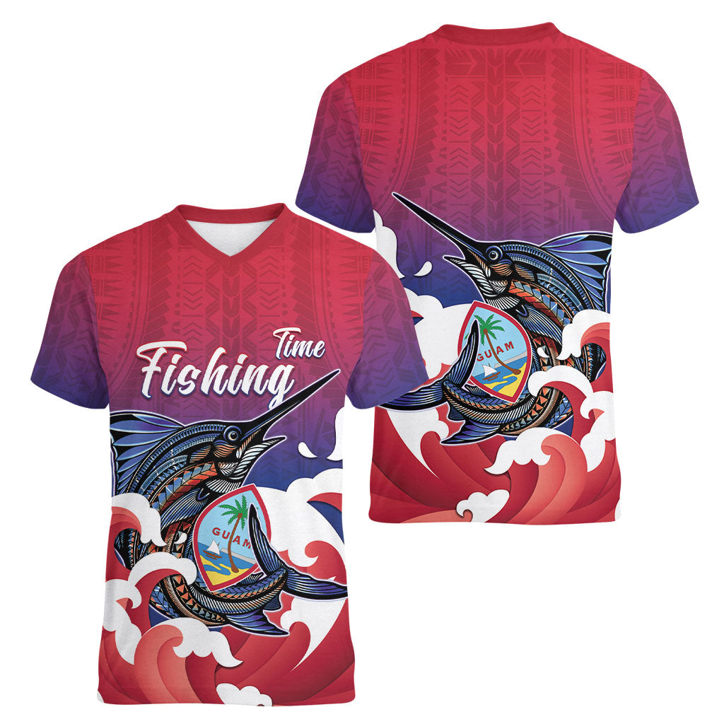 Guam Blue Marlin Fishing Women V-Neck T-Shirt Polynesian Style LT05 - Polynesian Pride