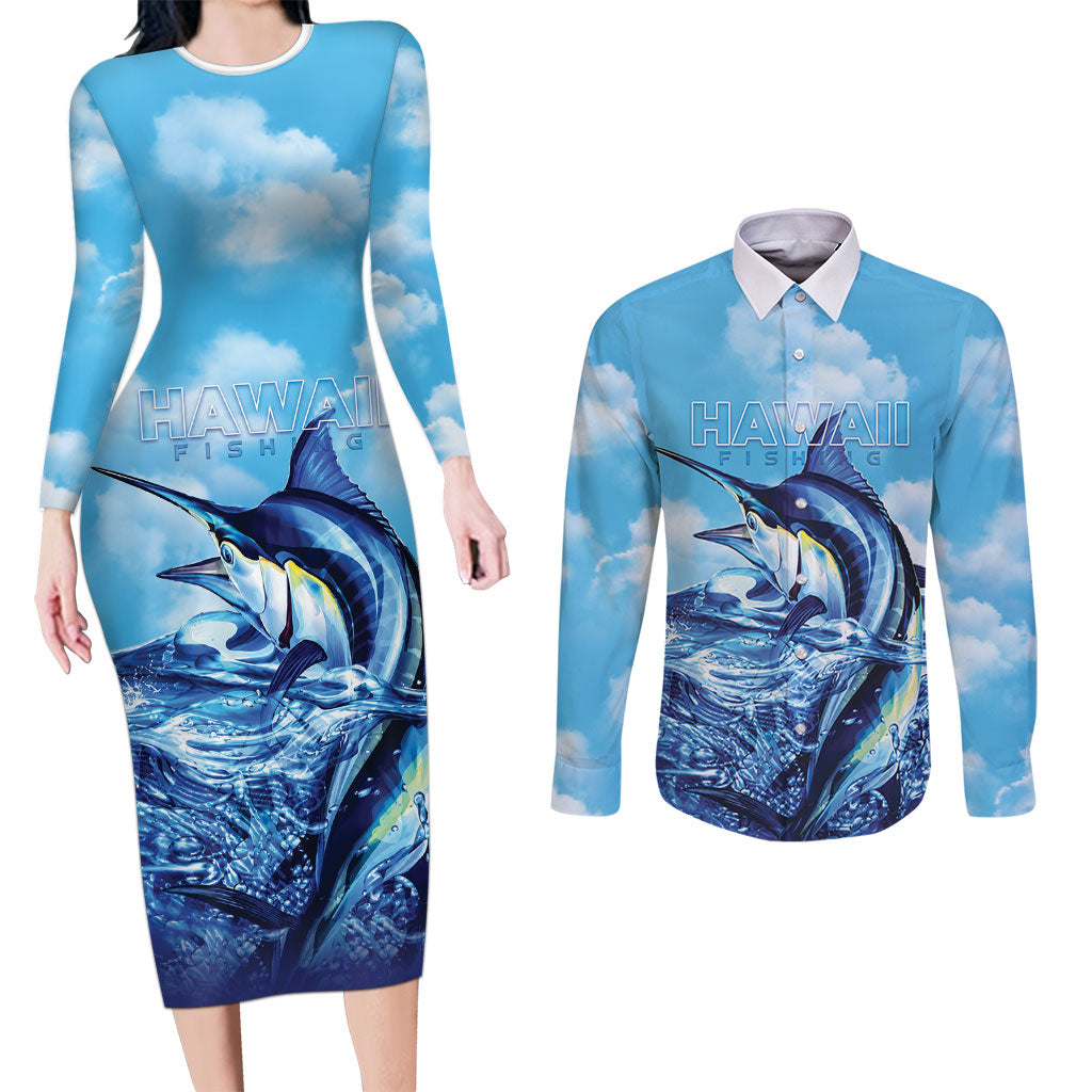 Hawaii Blue Marlin Fishing Couples Matching Long Sleeve Bodycon Dress and Long Sleeve Button Shirt LT05 Blue - Polynesian Pride