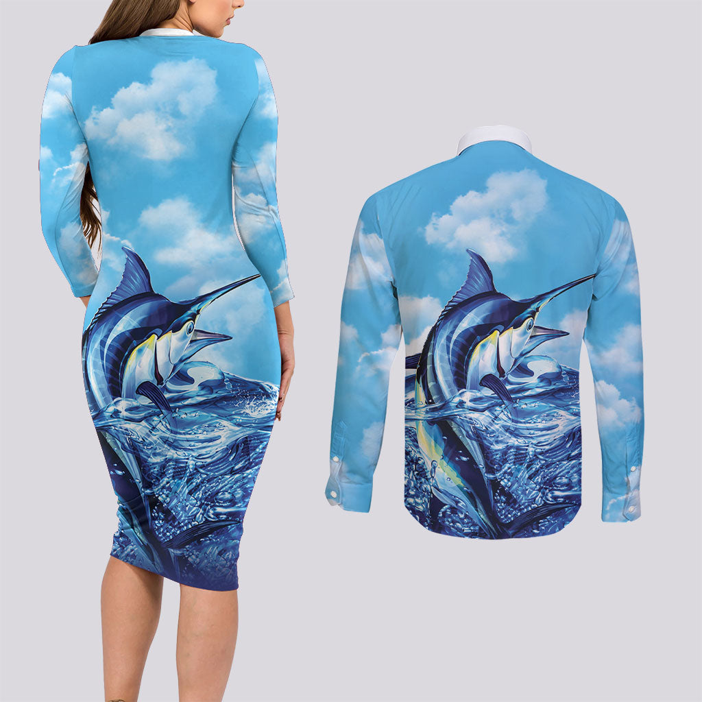 Hawaii Blue Marlin Fishing Couples Matching Long Sleeve Bodycon Dress and Long Sleeve Button Shirt LT05 - Polynesian Pride